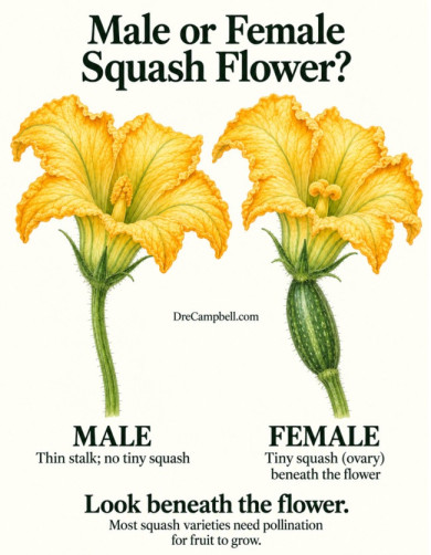 Male and female squash flowers showing a thin male stalk and a tiny squash beneath the female bloom